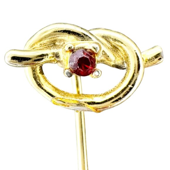 Goldtone Knot Stick Pin Brooch With Red Rhinestone Accent Jewelry Accessory 2 in - Picture 2 of 5